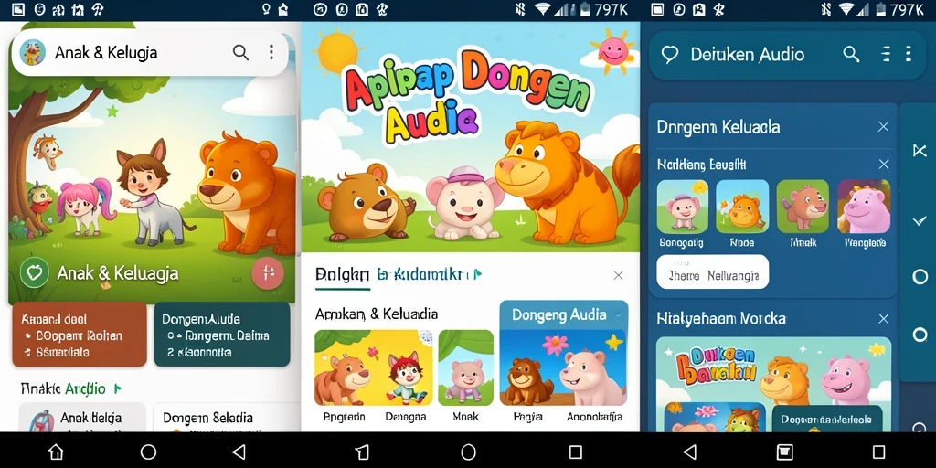 Tampilan antarmuka aplikasi Dongeng Audio yang ramah anak.