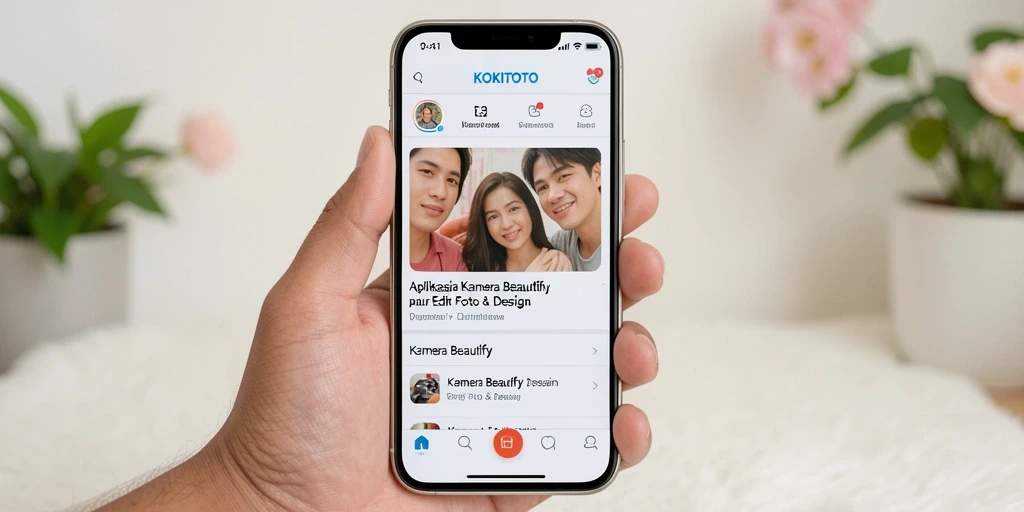 Tampilan antarmuka KOKITOTO dengan fitur Kamera Beautify yang menarik.