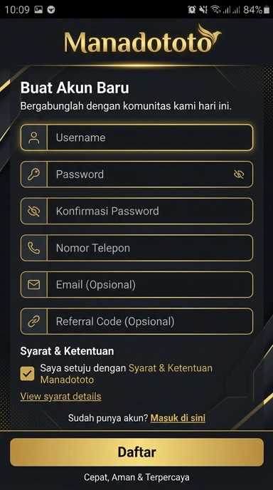 Tampilan halaman daftar manadototo